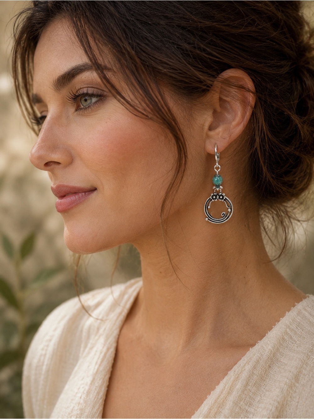 Turquoise Aqua Silver Scroll Earrings • Boho Floral Dangles - Picture 3 of 7